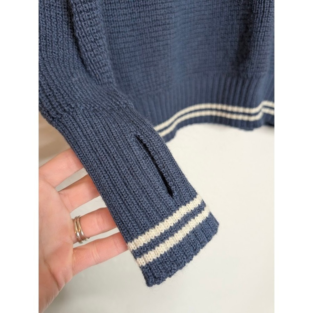Devold Mens Small Navy Blue Knit Sweater Elbow Patches Norway 1/4 Zip Thumbholes View 4